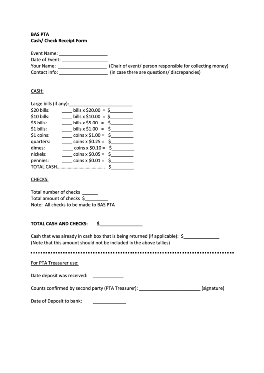 Bas Pta Cash/ Check Receipt Form Printable pdf