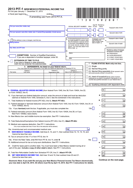 Form Pit-1 - New Mexico Personal Income Tax - 2013 Printable pdf