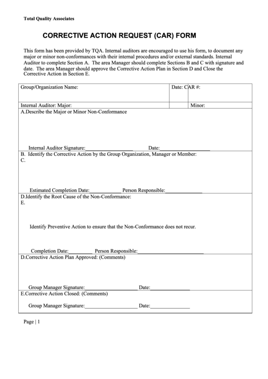 Corrective Action Request Car Form Printable Pdf Download
