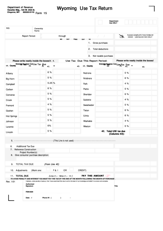 Form 15 - Wyoming Use Tax Return - 2001 Printable pdf