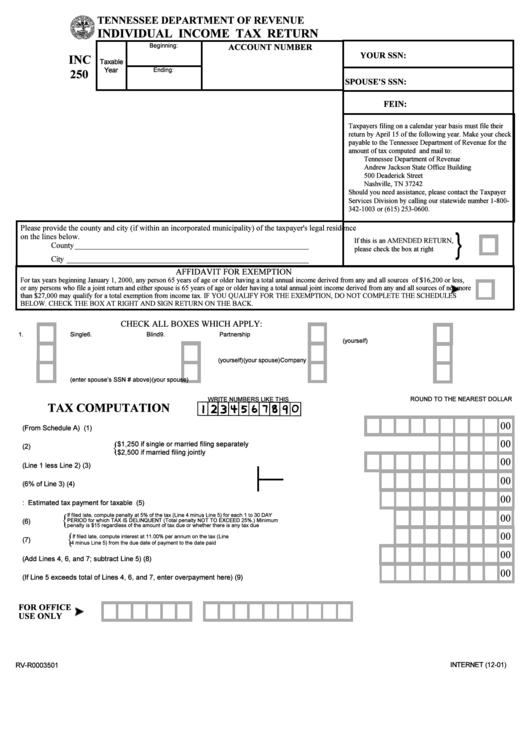 Form Inc 250 - Individual Income Tax Return Printable pdf