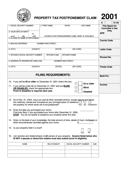 Fillable Property Tax Postponement Claim - California State Controller - 2001 Printable pdf