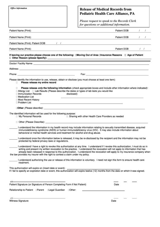 Release Form Of Medical Records From Pediatric Health Care Alliance, Pa Printable pdf