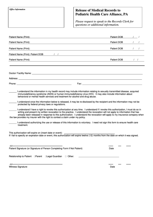 Release Form Of Medical Records To Pediatric Health Care Alliance, Pa Printable pdf