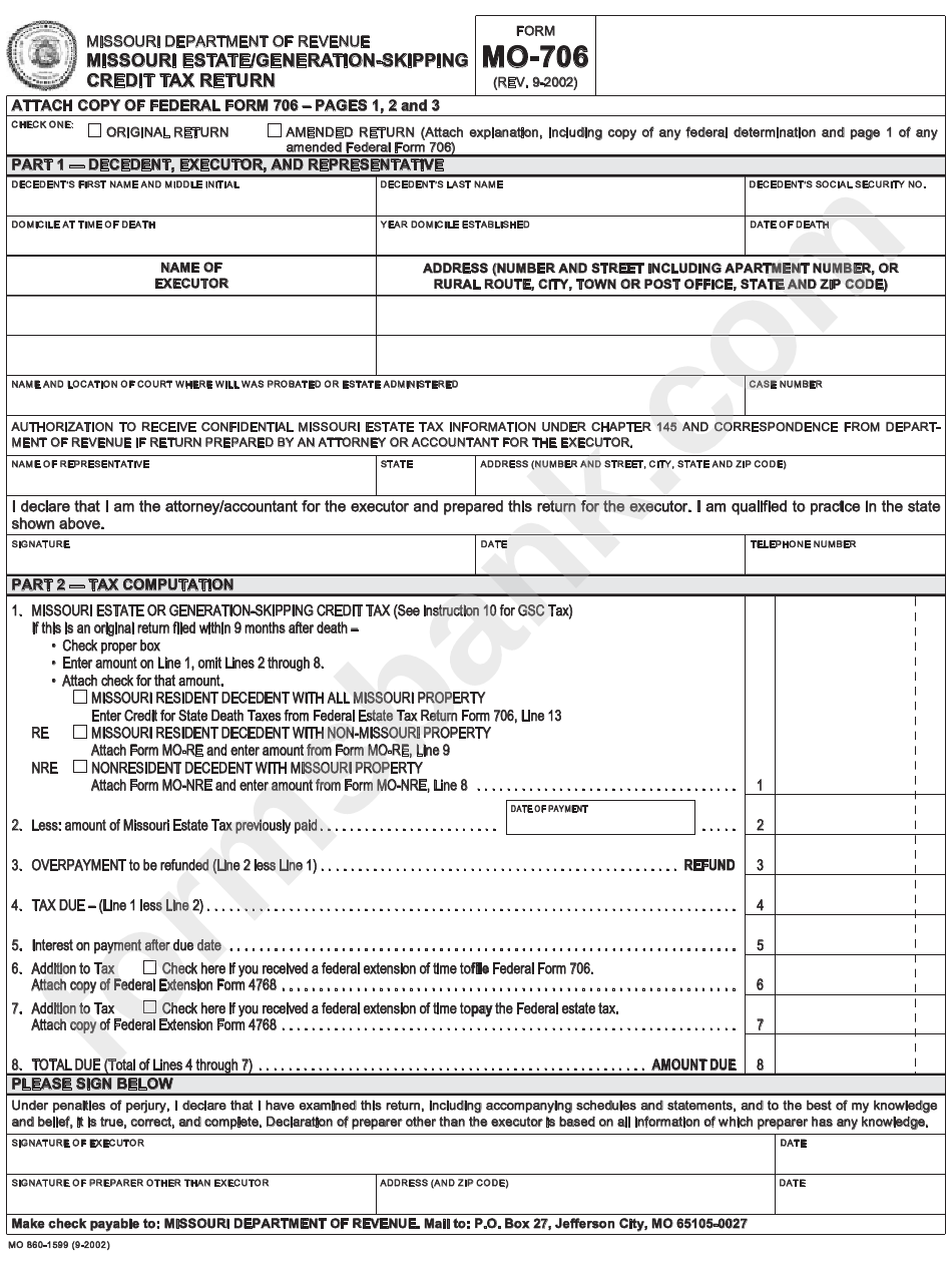 Form Mo 706 Missouri Estate generation Skipping Credit Tax Return 