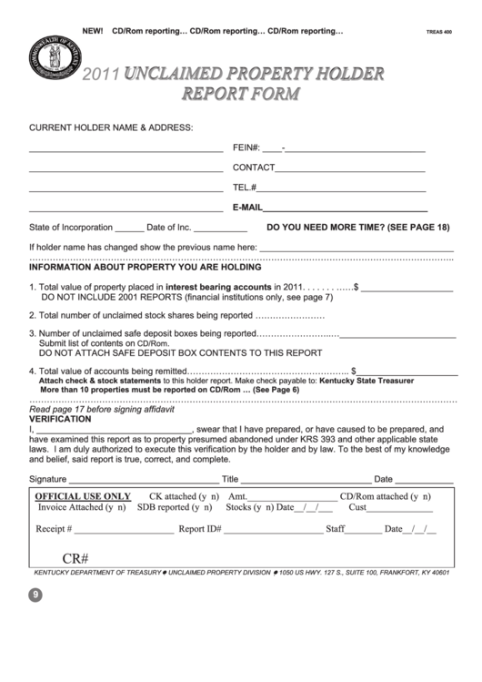 Form Treas 400 - Unclaimed Property Holder Report Form - 2011 Printable pdf