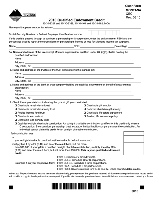 Fillable Form Qec - Qualified Endowment Credit - Montana Dept.of Revenue - 2010 Printable pdf