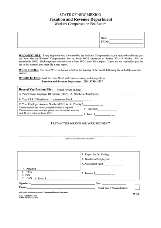 Form Wc-1 - Workers Compensation Fee Return - Nm Taxation And Revenue Department Printable pdf