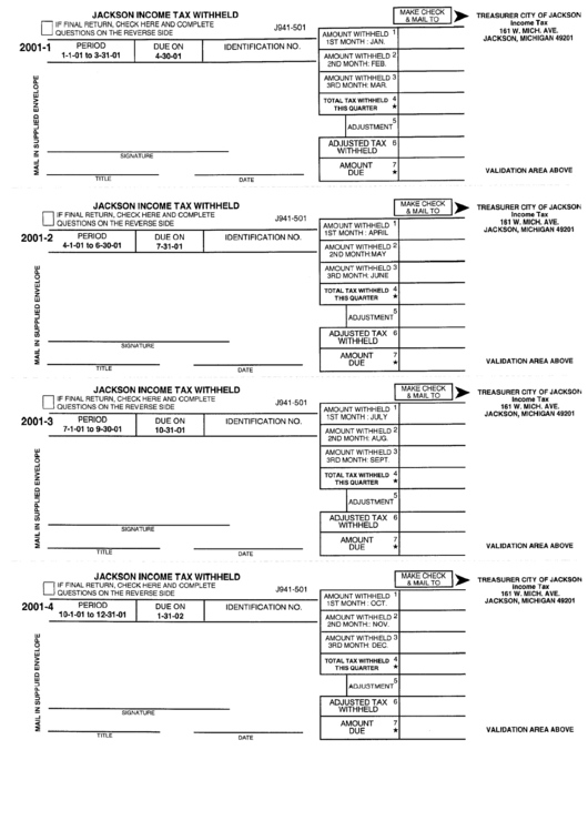 Form J941-501 - Jackson Income Tax Withheld - 2001 Printable pdf