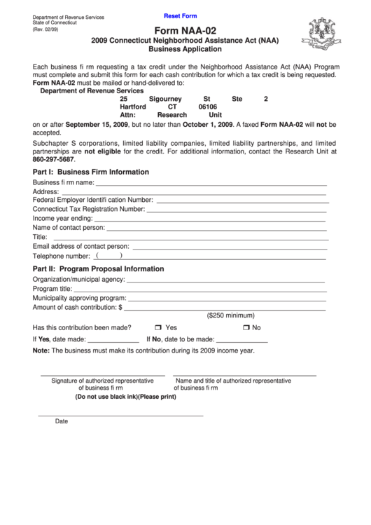 Fillable Form Naa-02 - Connecticut Neighborhood Assistance Act (Naa) Business Application - Ct Dept.of Revenue - 2009 Printable pdf