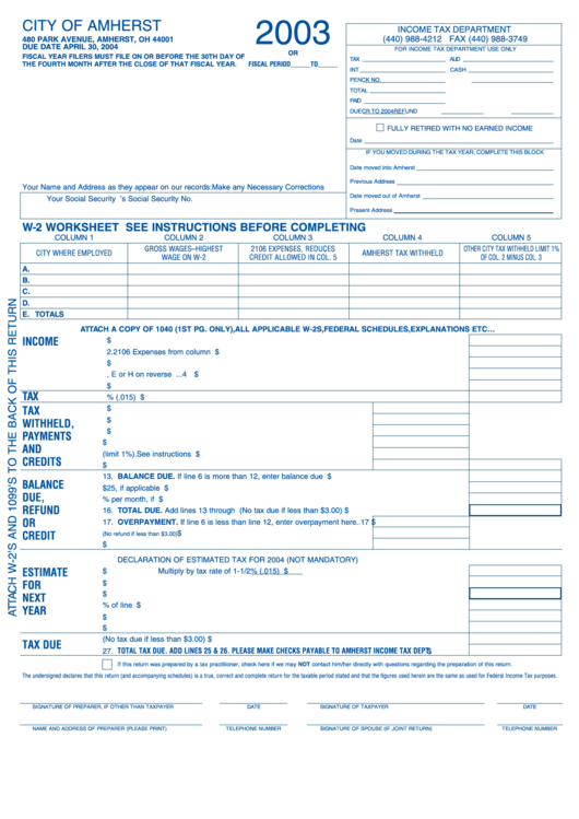 Worksheet W-2 - Wage And Tax Statement - City Of Amherst - 2003 Printable pdf