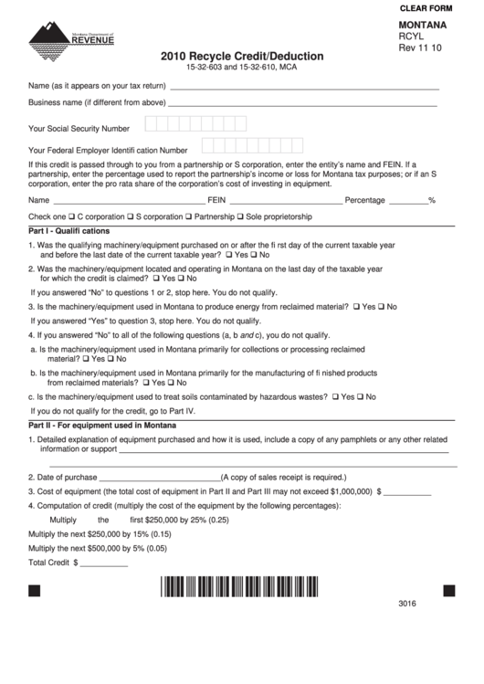 Fillable Montana Form Rcyl - Recycle Credit/deduction - 2010 Printable pdf