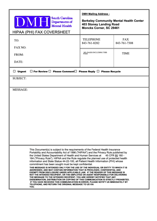 Fillable Hipaa (Phi) Fax Coversheet Printable pdf