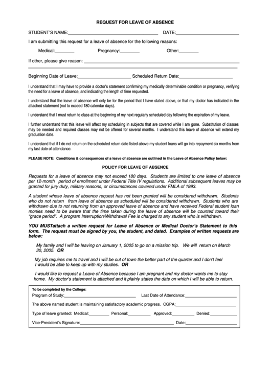 Request For Leave Of Absence Printable pdf