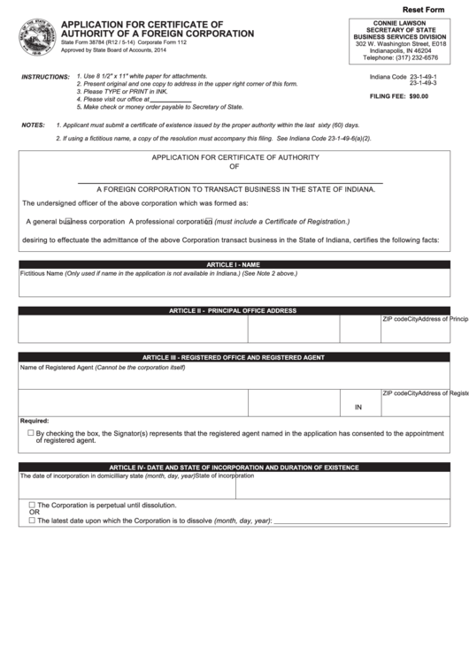 Fillable State Form 38784 - Application For Certificate Of Authority Of A Foreign Corporation Printable pdf