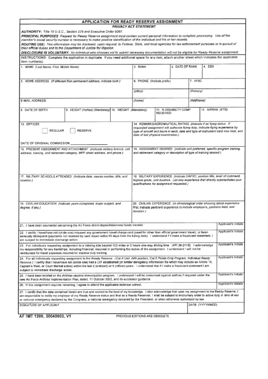 Af Form 1288 - Application For Ready Reserve Assignment - Privacy Act Statement Printable pdf