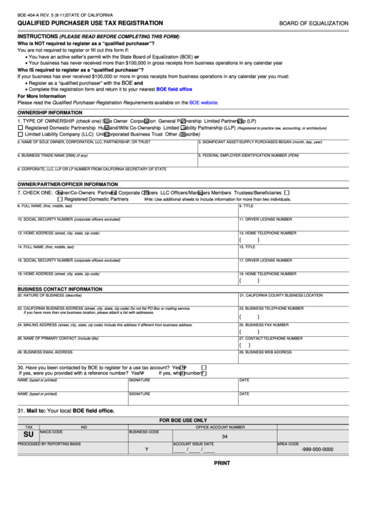 Fillable Form Boe-404-A - Qualified Purchaser Use Tax Registration - California Board Of Equalization Printable pdf