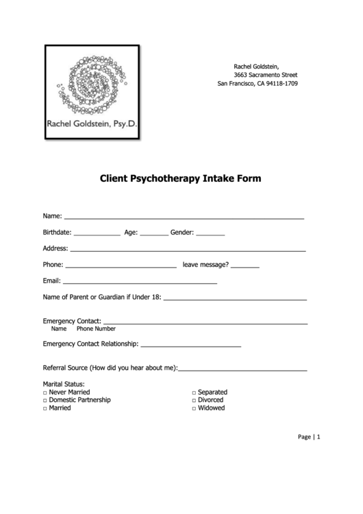 Client Psychotherapy Intake Form Printable pdf