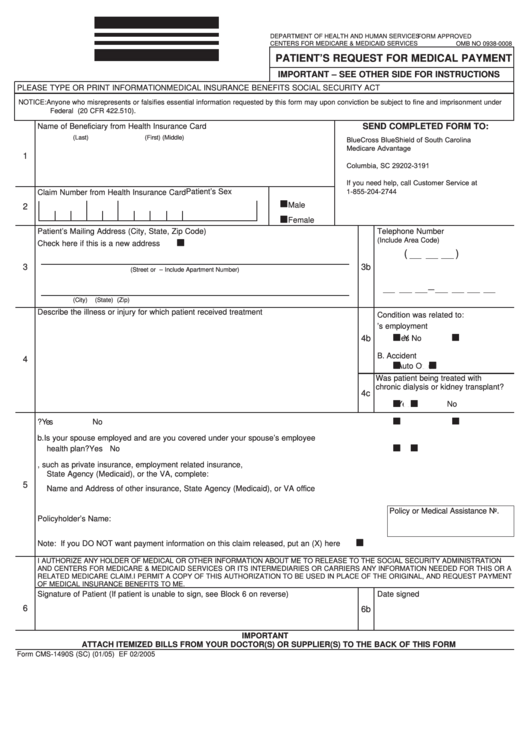 Form Cms 1490s Sc Patient S Request For Medical Payment Printable