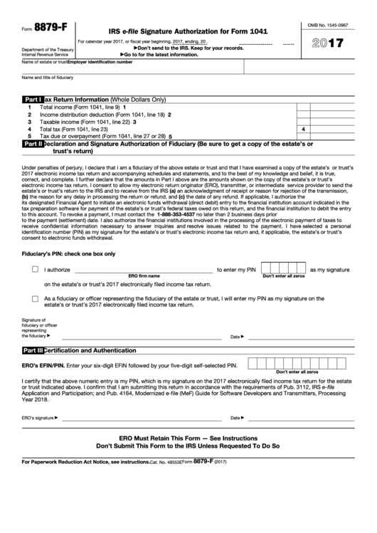 Fillable Form 8879-F - Irs E-File Signature Authorization For Form 1041 - 2016 Printable pdf