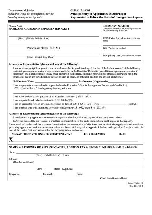 Fillable Form Eoir - 27 - Notice Of Entry Of Appearance As Attorney Or Representative Before The Board Of Immigration Appeals Printable pdf