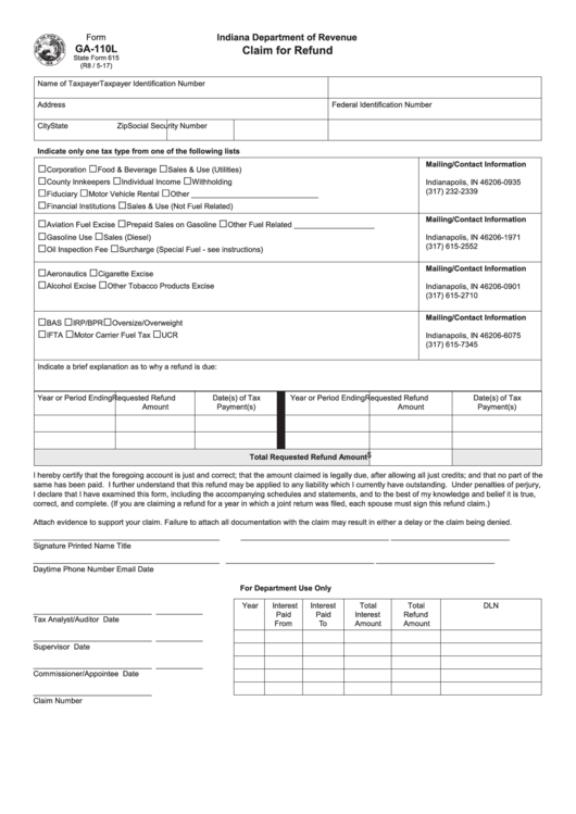 Fillable Form Ga-110l/state Form 615 - Claim For Refund Printable pdf
