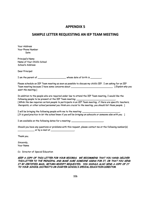 Sample Letter Requesting An Iep Team Meeting