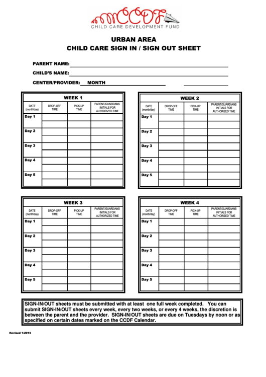 Child Care Sign In / Sign Out Sheet