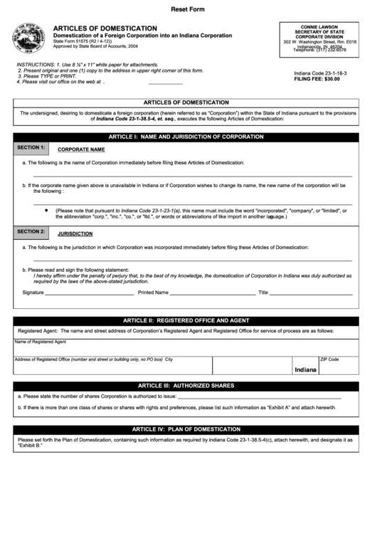 Fillable State Form 51575 - Articles Of Domestication Domestication Of A Foreign Corporation Into An Indiana Corporation Printable pdf