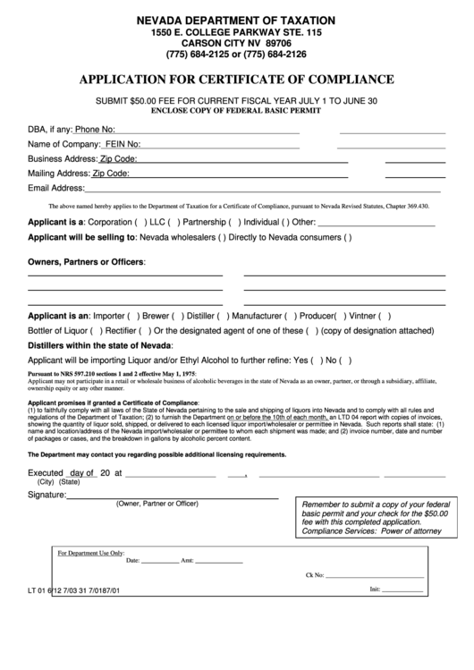 Form Lt01 - Application For Certificate Of Compliance Printable pdf