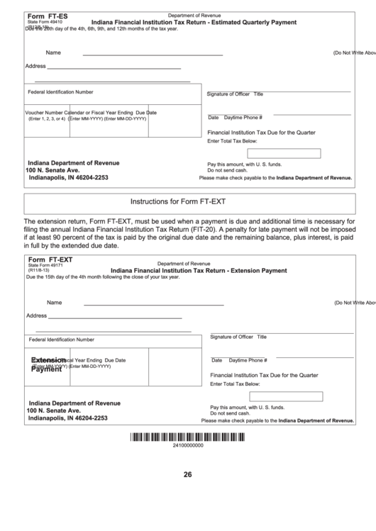 Form Ft-Es - Indiana Financial Institution Tax Return Estimated Quarterly Payment - Indiana Department Of Revenue Printable pdf