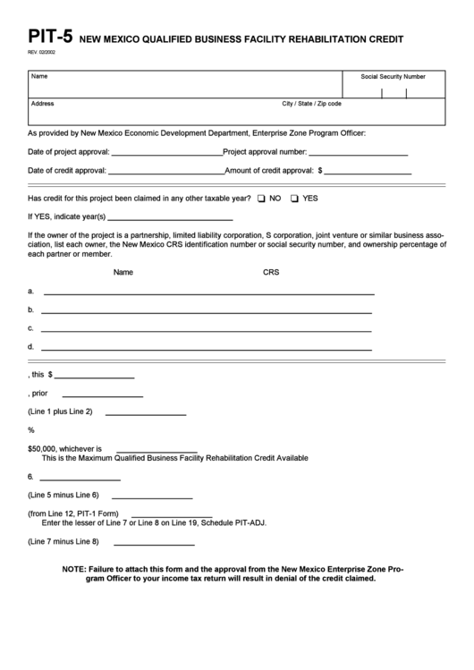 Form Pit-5 - New Mexico Qualified Business Facility Rehabilitation Credit - 2002 Printable pdf