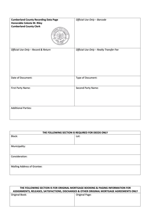 Fillable Cumberland County Recording Data Page Printable pdf