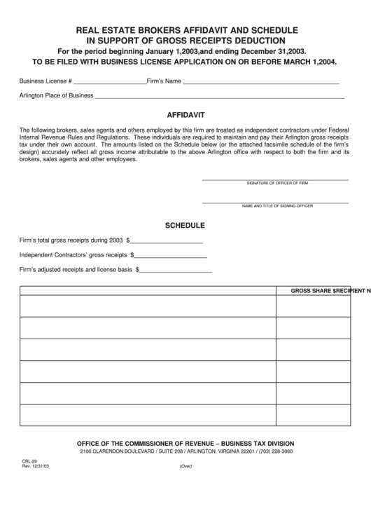 Form Crl-29 - Real Estate Brokers Affidavit And Schedule In Support Of Gross Receipts Deduction - Virginia Business Tax Division Printable pdf
