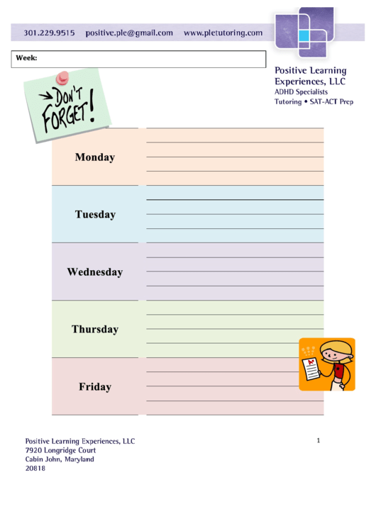Weekly Assignment Sheet Printable pdf