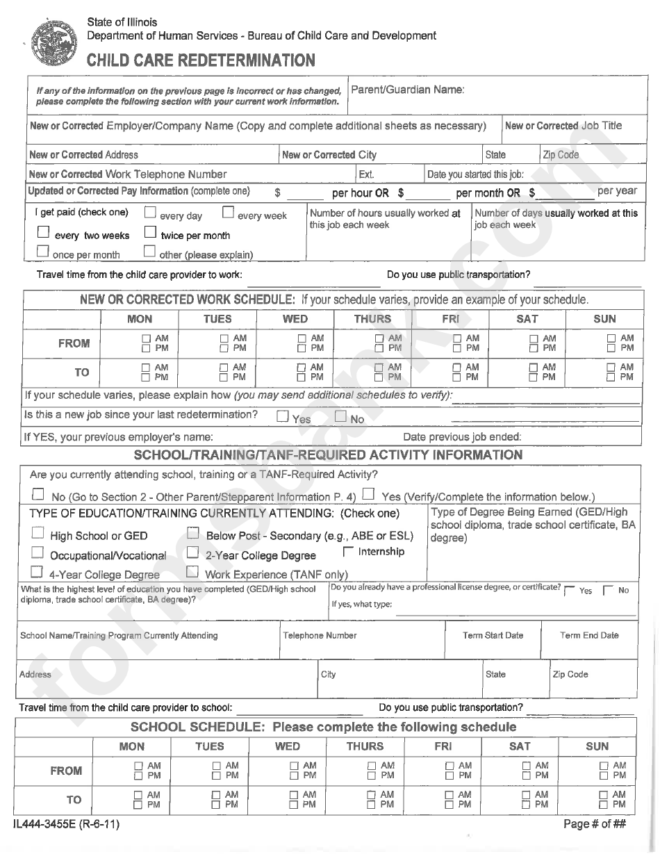 Form Il444-3455e - Child Care Redetermination - Department Of Human Services - Bureau Of Child Care And Development