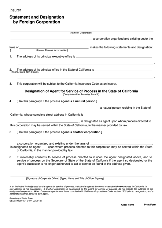 Fillable Form S&dc-Insurer - Statement And Designation By Foreign Corporation - 2012 Printable pdf