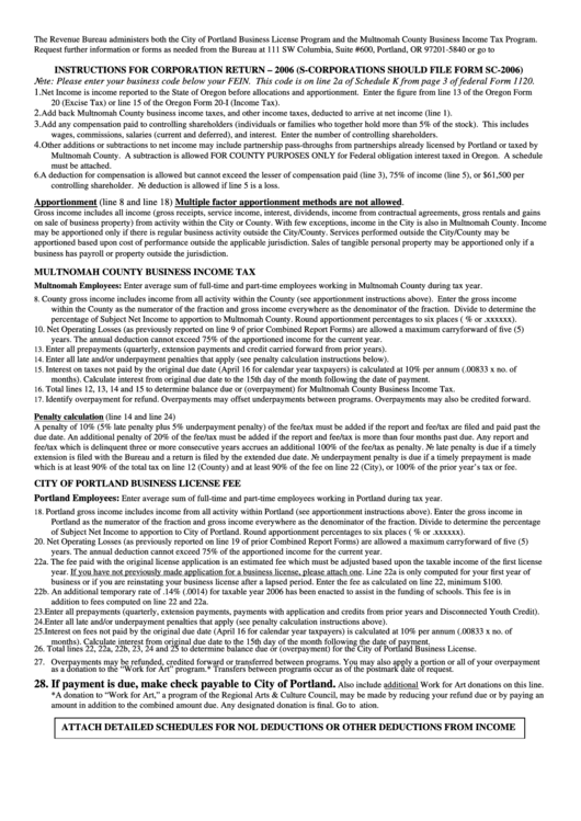 Instructions For Corporation Return 2006 (S-Corporations Should File Form Sc-2006) - City Of Portland, Or Printable pdf