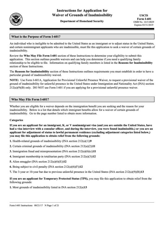 Instructions For Form I-601 - Application For Waiver Of Grounds Of Inadmissibility - Department Of Homeland Security - U.s. Citizenship And Immigration Services Printable pdf