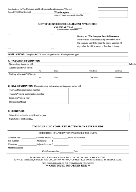 Form 126 - Motor Vehicle Excise Abatement Application - The Commonwealth Of Massachusetts - Worthington Board Of Assessors Printable pdf