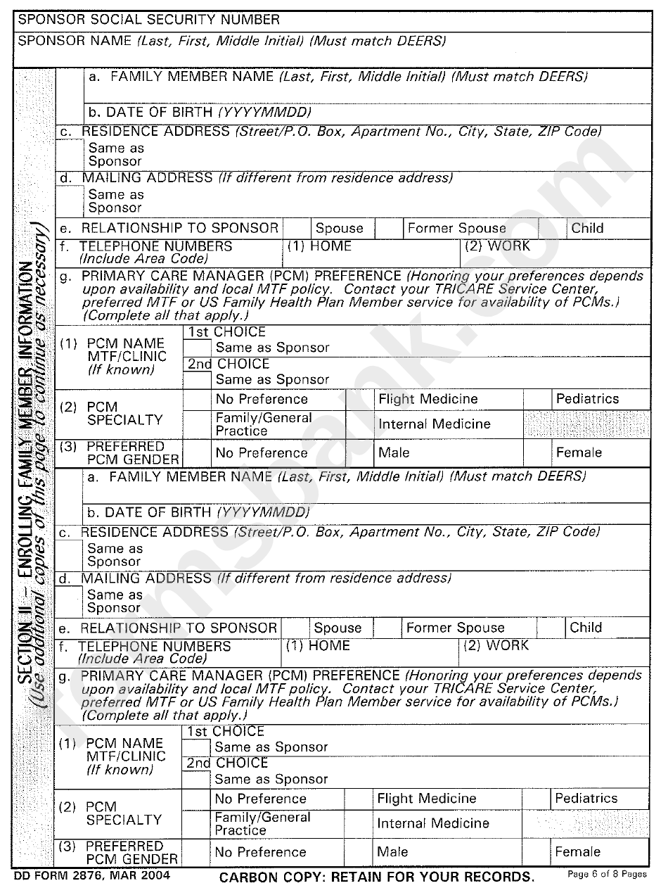 Dd Form 2876 - Tricare Prime Enrollment Application And Pcm Change