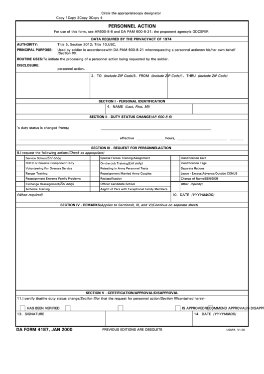 Da Form 4187 - Personnel Action Printable pdf