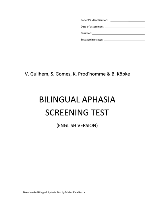 Bilingual Aphasia Screening Test Template Printable pdf