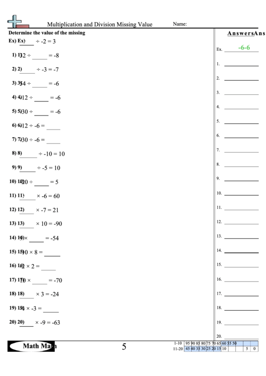 Multiplication And Division Missing Valu Math Worksheet With Answers Printable pdf