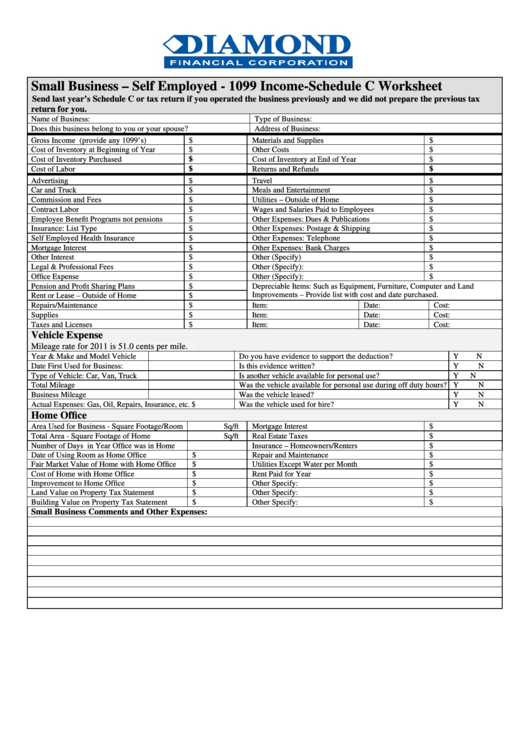 Small Business - Self Employed - 1099 Income-schedule C Worksheet