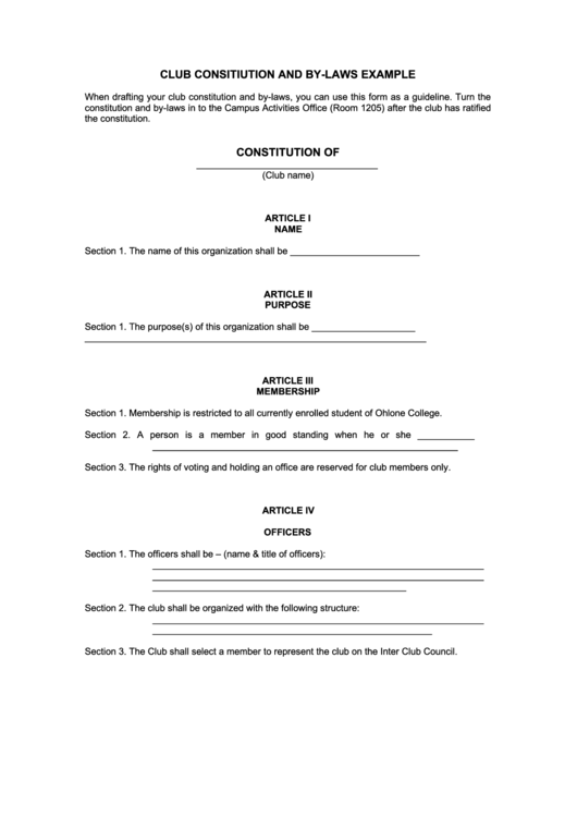 Club Consitiution And By-Laws Template Printable pdf