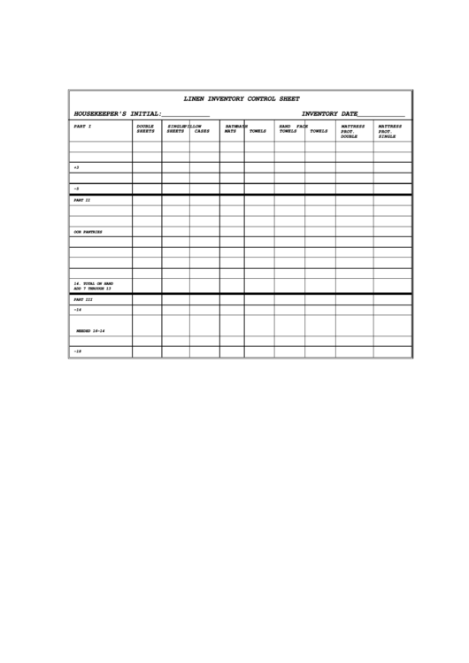 Linen Inventory Control Sheet Printable pdf