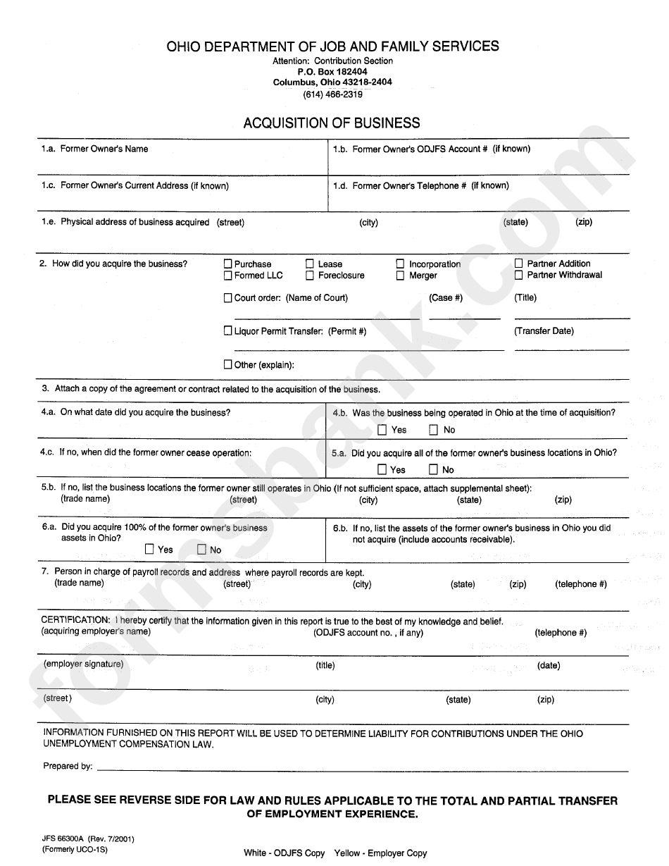 Form Jfs 66300a - Acquisiton Of Business - Ohio Department Of Job And Family Services