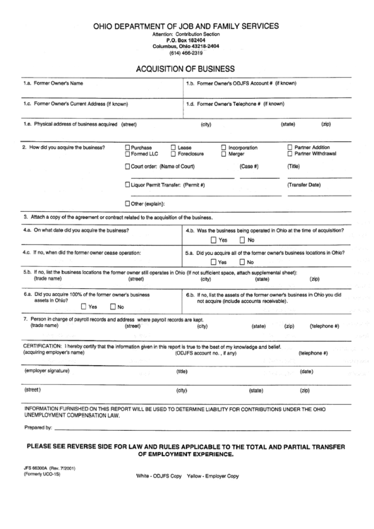 Form Jfs 66300a - Acquisiton Of Business - Ohio Department Of Job And Family Services Printable pdf