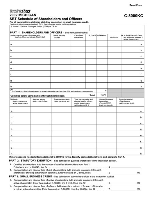 Fillable Form C-8000kc - Michigan Sbt Schedule Of Shareholders And Officers - 2002 Printable pdf